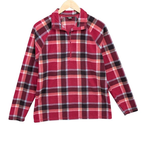 Eddie Bauer Plaid Fleece Sweater Womens Purple Pink 1/4 Zip Long Sleeve Size M - Picture 1 of 7